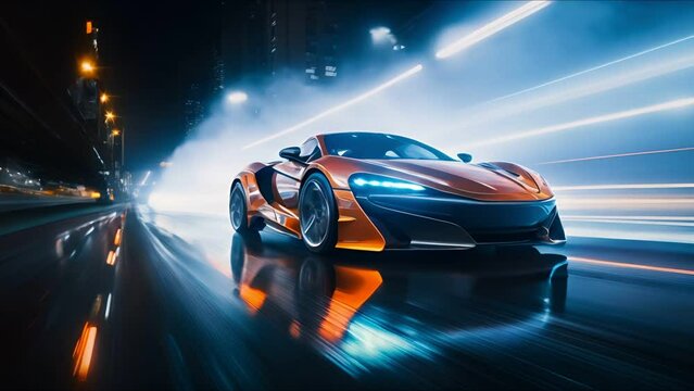 Modern Electric sports car riding on highway road of the city
