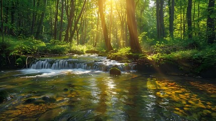 Serene Forest Stream with Lush Greenery and Cascading Waterfall Highlighting the Beauty and Importance of Environmental Conservation