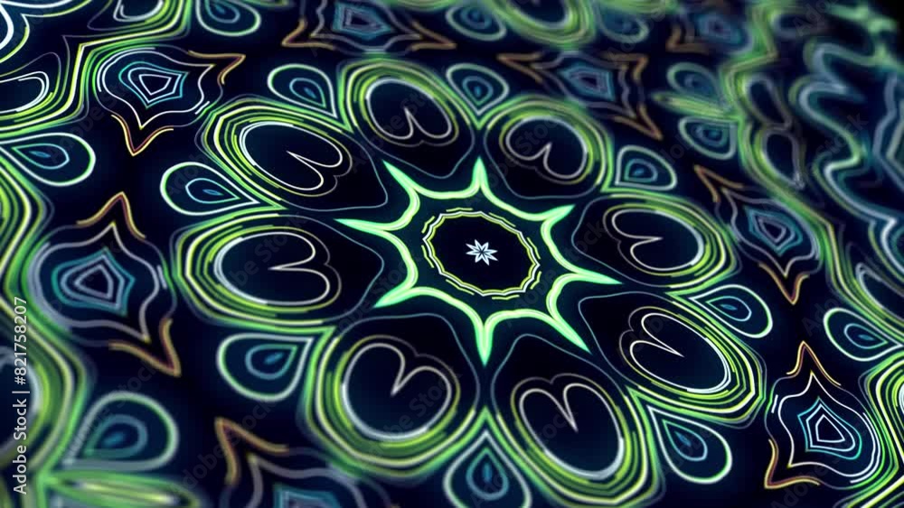 Poster 4k abstract looped bg with flashing lines pattern like symmetrical radial ornament on plane like lig