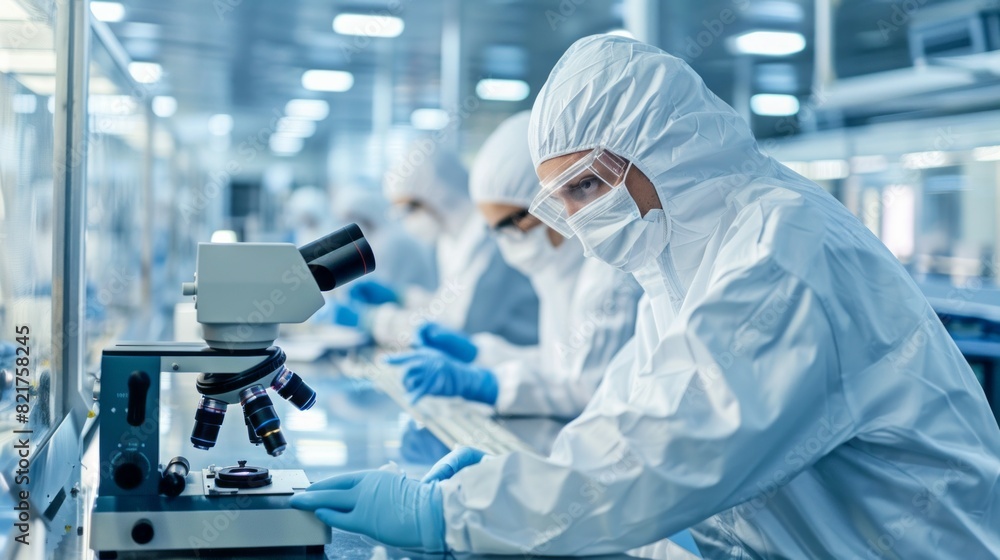 Poster a group of scientists in white lab coats are working in a lab