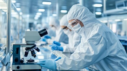 A group of scientists in white lab coats are working in a lab
