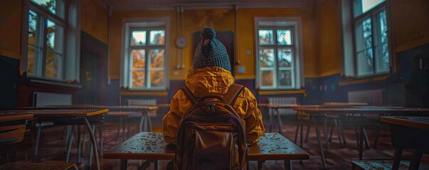 Young boy with rucksack sitting at desk, rear view, back to school, classroom setting, focused on work, bright daylight
