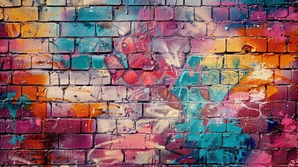 A brick wall serves as the canvas for a stunning spray paint artwork, highlighting the street art concept. The explosion of color and texture captures