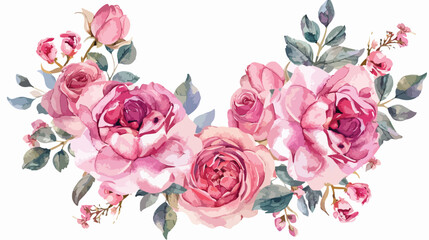 Pink rose flower watercolor wreath for background wed