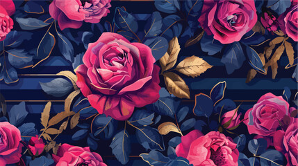 Pink roses gold leaves and navy stripes indigo peonie