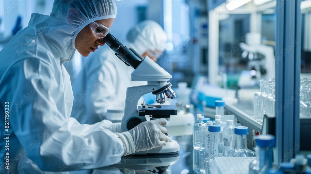 Poster a woman in a lab coat is looking through a microscope