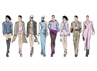 beautiful women in stylish clothes. Fashion sketch