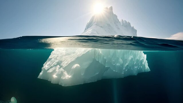 Amazing white iceberg floats in the ocean and half underwater, View underwater	