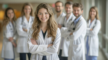 Fototapeta premium United in Care: Smiling Doctors Illuminate the Hospital Hallway