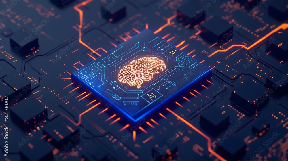 Poster a computer chip with a brain on it. the chip is blue and orange. ai generated.