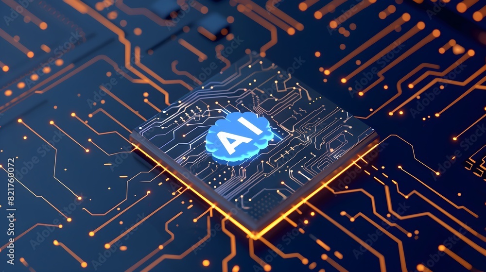 Poster a computer chip with the word ai on it. the chip is surrounded by a lot of wires and circuitry. ai g