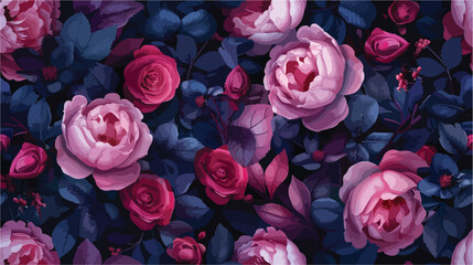 Pink roses leaves and navy peonies bouquets background