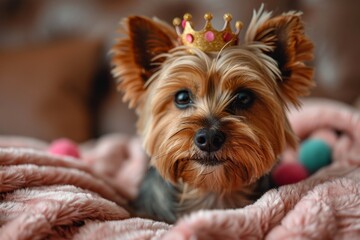 little funny Yorkshire dog with crown on head, birthday dog party