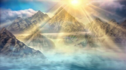 Fototapeta premium A stunning painting depicts a sunlit mountain range above an azure ocean