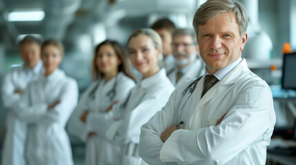 Fototapeta premium United in Care: Smiling Doctors Illuminate the Hospital Hallway