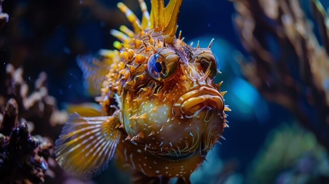 Aquarium lights enhancing Pineapplefish's distinctive body texture and glow
