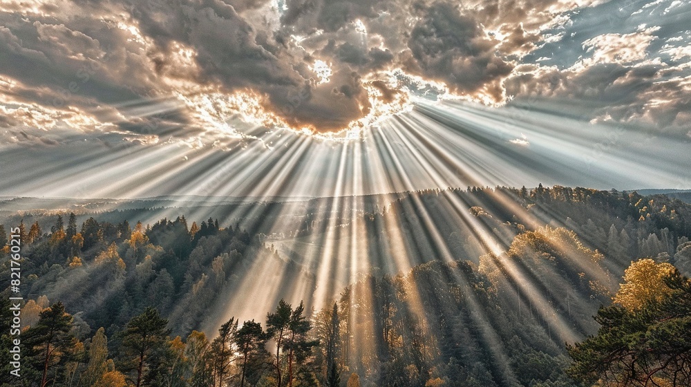Poster sunlight filters through the cloudy sky, illuminating the dense forest in the foreground while casti