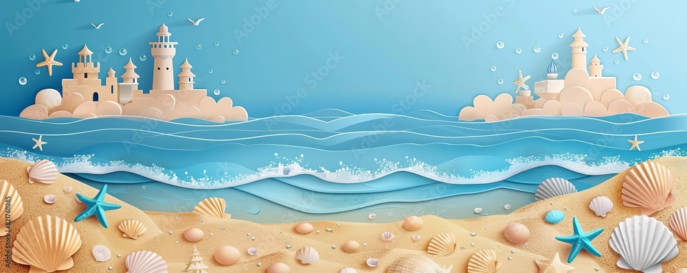 Wall mural Beach background with sandcastles and starfish in the style of paper cut vector illustration Summer beach landscape banner template with copy space for text Top view of sea waves. Summer concept.