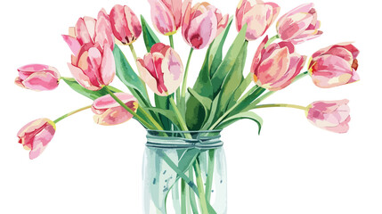 Pink tulips watercolor bouquet in a jar isolated on white