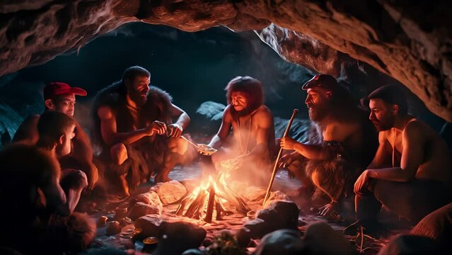 The cave residents gathered around the campfire. Stone age people with campfire. Stone age. Cavemen people sit near a campfire	
