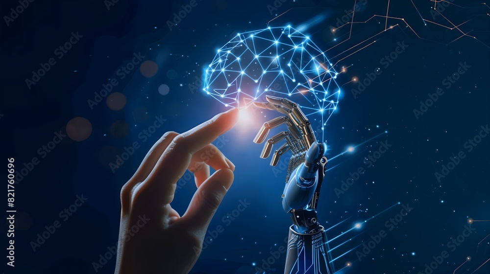 Poster a hand is touching a robot brain. the robot is made of metal. ai generated.