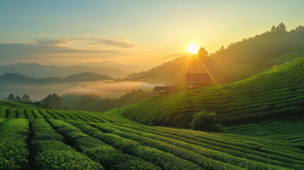 tea plantation, the horizon as the sunrise, morning sun, landscape, House on the mountain - Powered by Adobe
