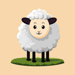 A cute, fluffy sheep with a happy expression stands on grass