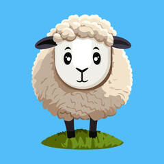 A cute, fluffy sheep with a happy expression stands on grass