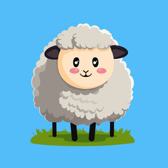 A cute, fluffy sheep with a happy expression stands on grass
