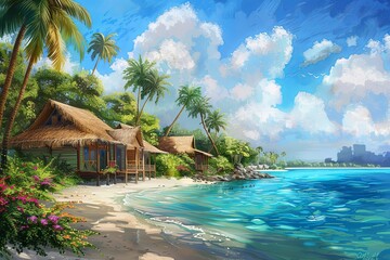 A painting of a tropical beach with palm trees, showcasing the azure sea and lush greenery under a clear blue sky.