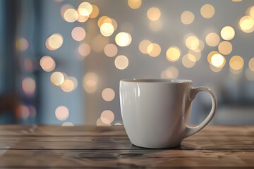 Obraz premium White Coffee Mug Mockup With Blurred Bokeh Background for Design Presentation