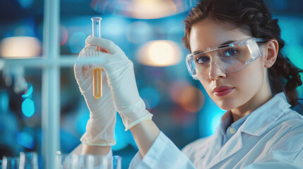 woman scientist holding a test tube with a solution in gloves in a research lab