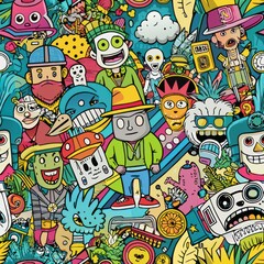 Obraz premium Seamless pattern of graffiti characters and cartoon illustrations expressing urban culture, Generative AI 