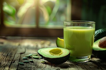 Glass of avocado juice, on a rustic wooden table bathed in warm, morning sunlight. Cozy atmosphere, with ample space.