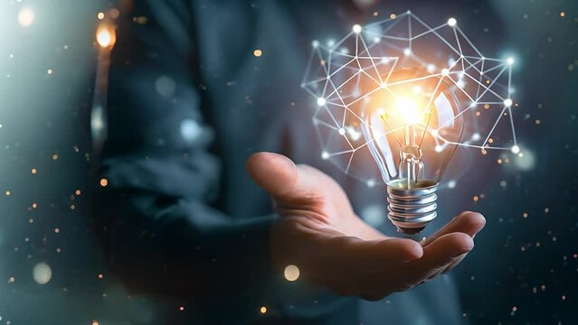 Businessman holding light bulb on hand with marketing network icons on planning strategy, analysis solution and development, Innovative of new ideas