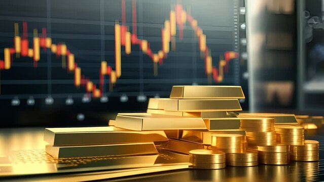 Gold bars on the desk, Charts showing trading trends on the background	
