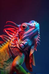 Obraz premium Iguana in Neon Light: Vibrant Studio Portrait of an Exotic Reptile with Bold Contrasts and Dramatic Lighting