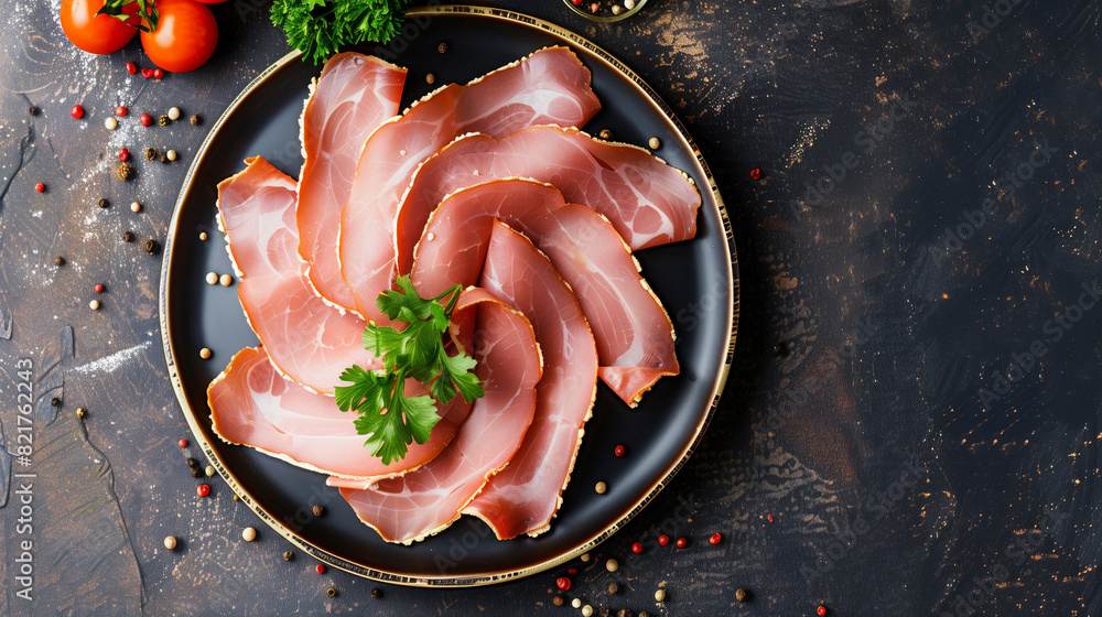 Aufkleber a plate of meat with parsley on top. the meat is sliced and arranged in a spiral pattern. slices of 