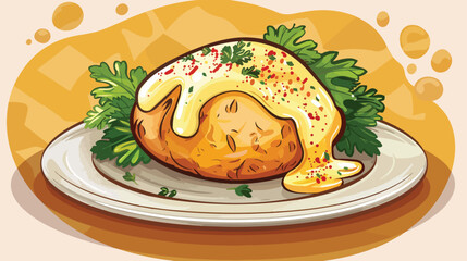 Plate with tasty baked potato and sauce on color background