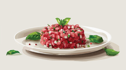 Plate with tasty beef tartare on light background Vector