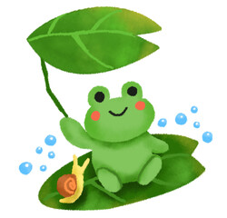 葉っぱを手に持った蛙とカタツムリ