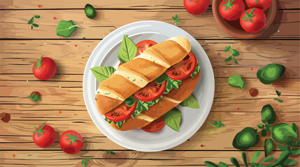 Plate with tasty ciabatta sandwich on color wooden background