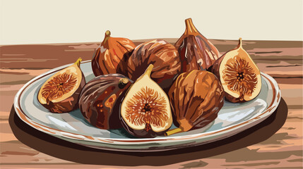 Plate with tasty dried figs on table Vector style Vector