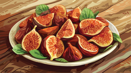 Plate with tasty dried figs on table Vector style Vector