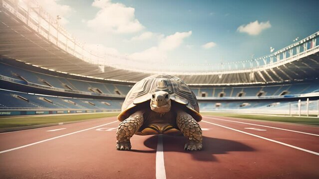 A Turtle walking on running track, Turtle walking slow on the starting grid of a running track	