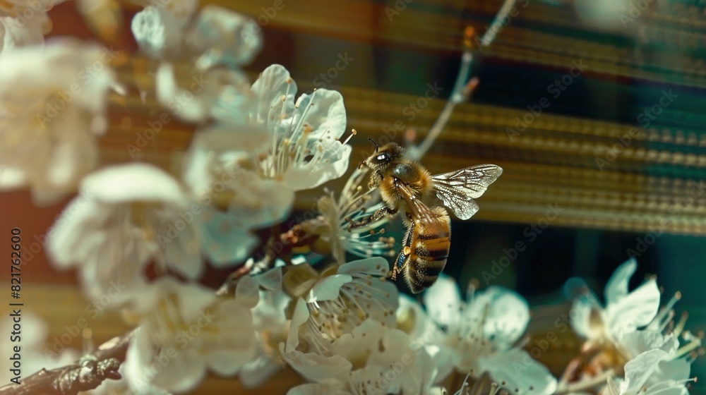 Poster a close-up of a bee on a branch of a tree with white flowers in the foreground and a window in the b