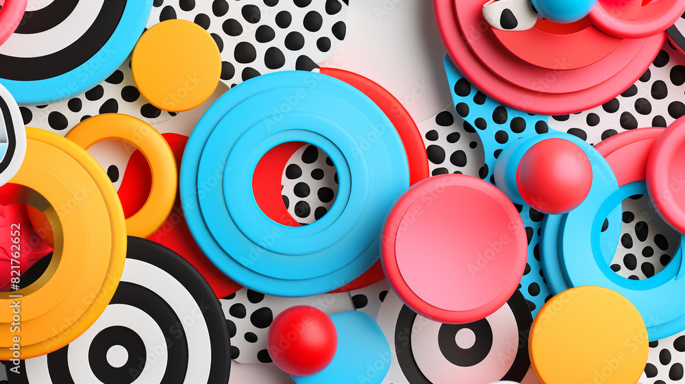 Poster a colorful abstract design with many different shapes and sizes. the design seems to be inspired by 