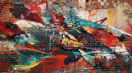 A brick wall is the backdrop for an impressive spray paint creation, showcasing the street art concept. The vivid colors and intricate patterns add a touch of artistic flair to the cityscape.