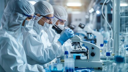 Fototapeta premium A group of scientists are working in a lab, wearing white lab coats and gloves