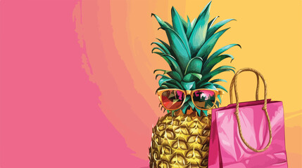 Pineapple with sunglasses and shopping bag on color b